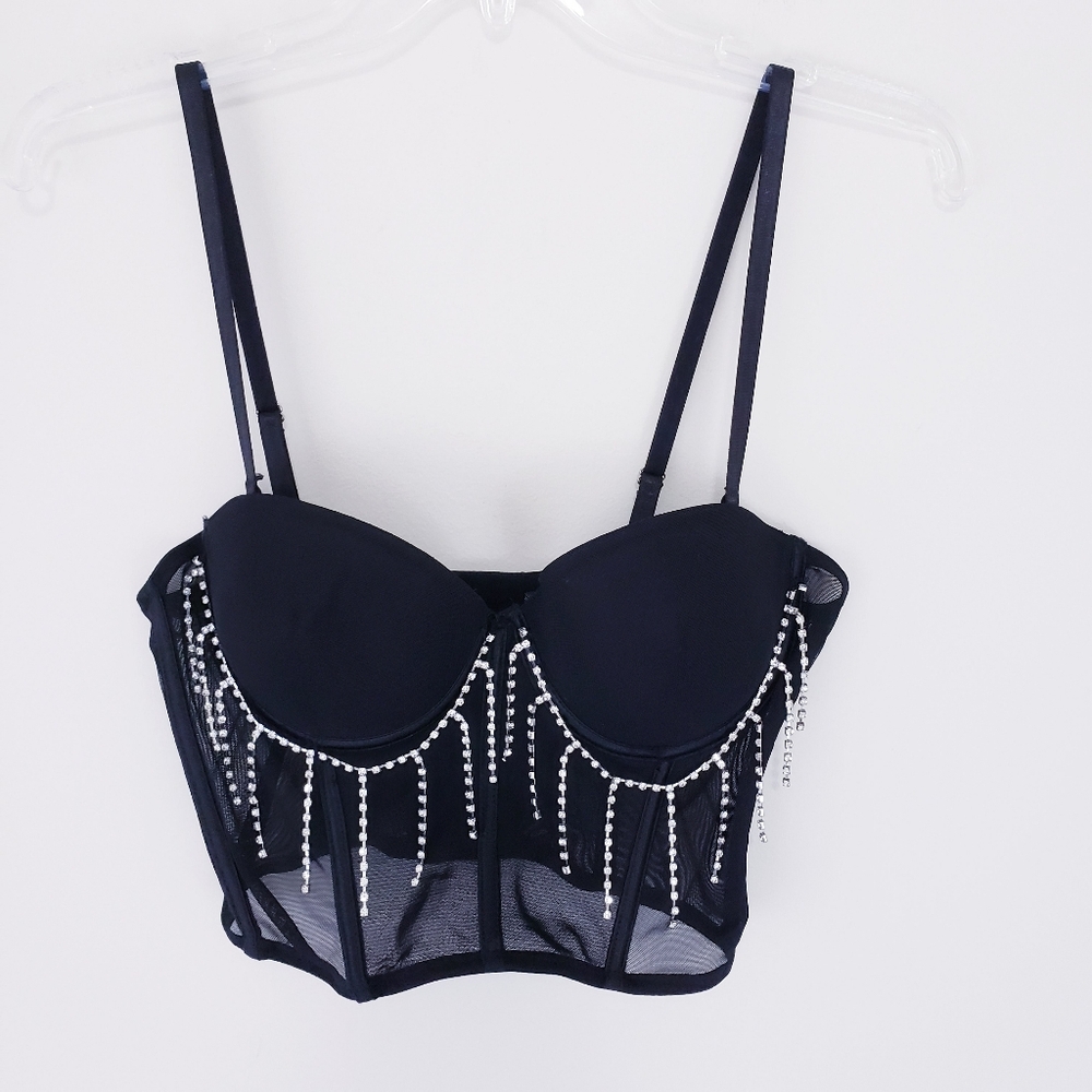 Black Silver Rhinestones Corset Bustier Harness Size Large Body Rage Diamond - Picture 3 of 5